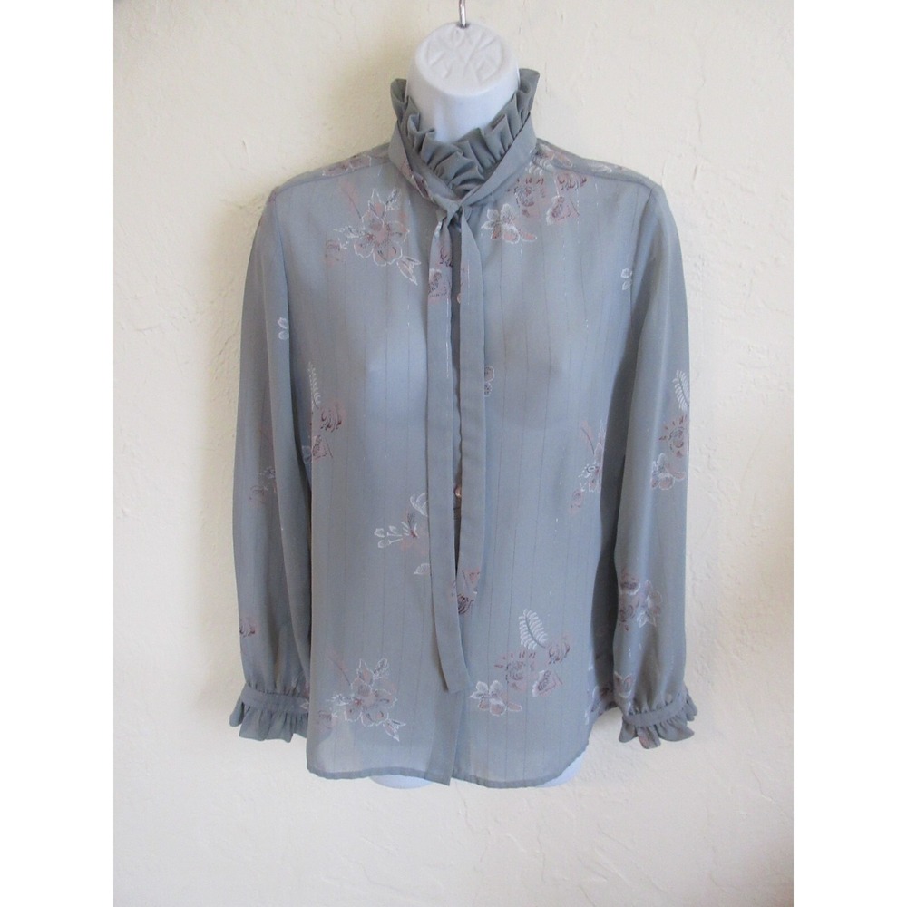 VTG David Matthew Blouse Size 10 Sheer High Neckline Metallic Stripe